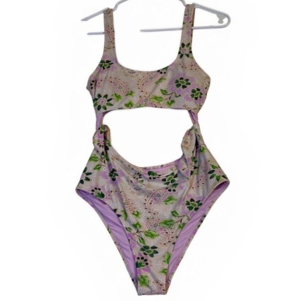 Aerie Real Good One-Piece‎ Swimsuit Medium Cheeky Cutout Paisley Floral Lavender